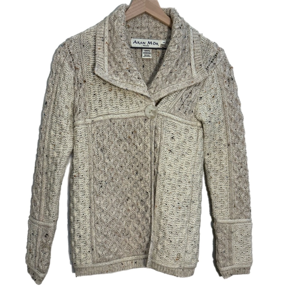ARAN MOR 100% Merino Wool Cream Tan Cable Knit Shawl Collar Irish Cardigan